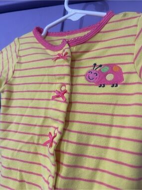 Yellow & Pink Striped Infant Sleeper with Ladybug Embroidery Y2K Whimsy